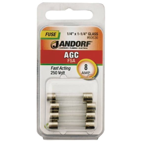 Jandorf 60636 Fast Acting Fuse, 8 A, 250 V, 200 A, 10 kA Interrupt, Glass Body