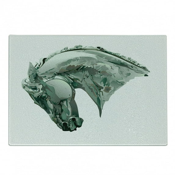 Retro Cutting Board, Green Stain Horse Head Mane Image Camouflage Color Abstract Art, Decorative Tempered Glass Cutting and Serving Board, Small Size, Grey, by Ambesonne