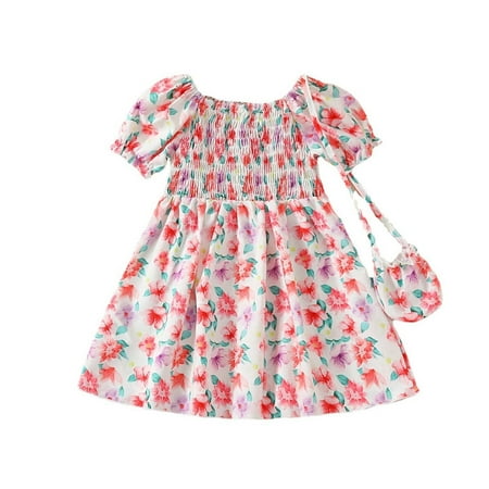 

Toddler Baby Girl Dress Bubble Sleeve Floral Print Bow Princess Dress With Crossbody Bag Summer Clothes Summer Girl Clothes