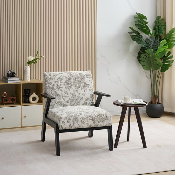 Mid-Century Modern Lounge Armchair, Refined Texture Wooden Accent Chair for Living Room, Upholstered Embroidery Lounge Chair with Solid Wood Frame, Comfortable Reading Armchairs for Bedroom