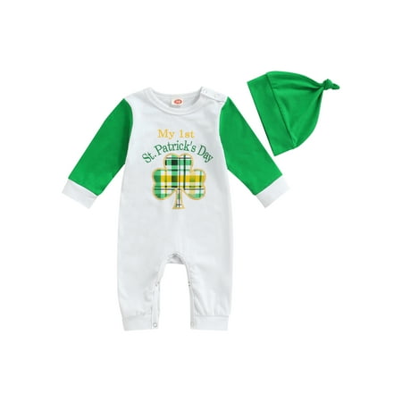 

Biayxms Baby Spring Outfit Toddlers Clover Print Long Sleeves Jumpsuit + Hat for Girls Boys 0-18 Months