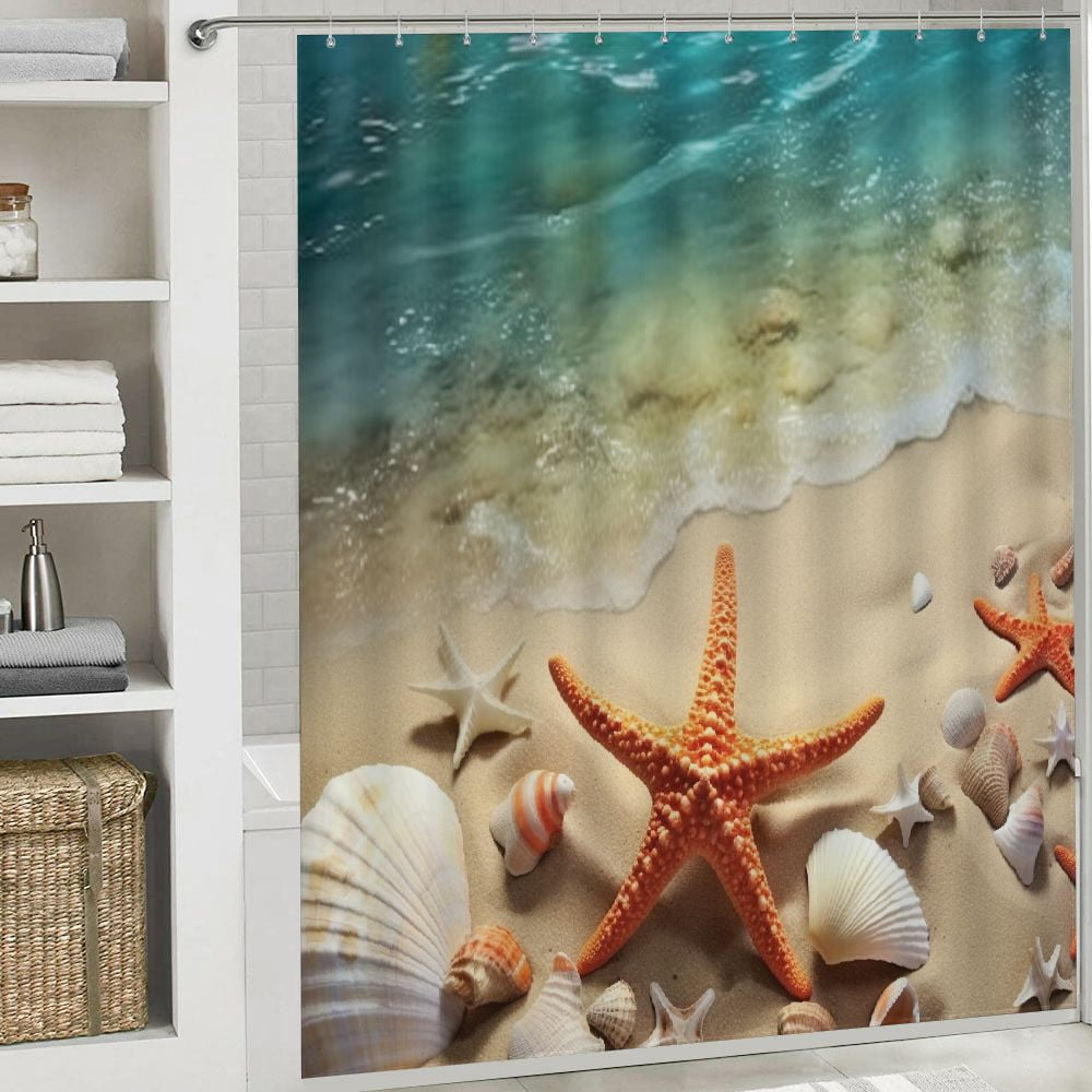 PRATYUS Starfish Shells Beach Shower Curtain Waterproof Bath Curtain Set Modern Bathroom Decor with Hooks 69"x72