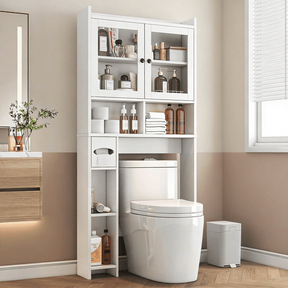 Over The Toilet Storage Cabinet with Open Shelf, Double Clear Doors, Bathroom Space Saver Organizer with Toilet Paper Holder Stand, Taller Wooden Free Standing Toilet Rack, Laundry, Restroom, White