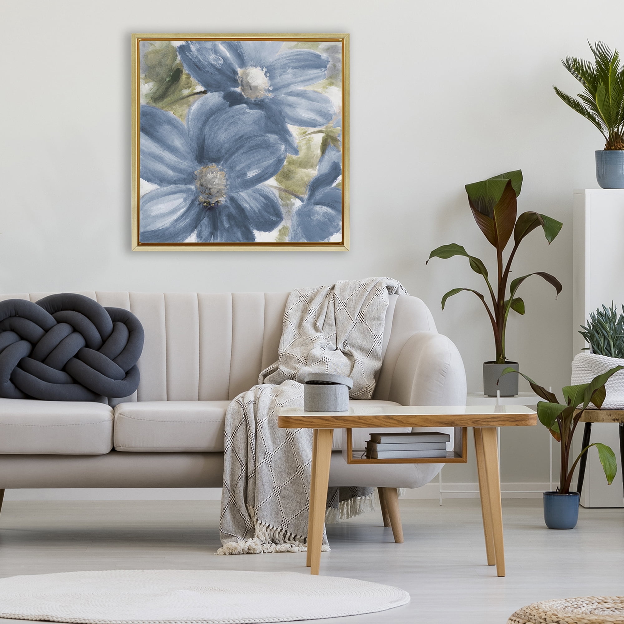 Stupell Industries Walk In Beauty Blue Flowers Gold Framed Floater Canvas Wall Art, design by Lanie Loreth