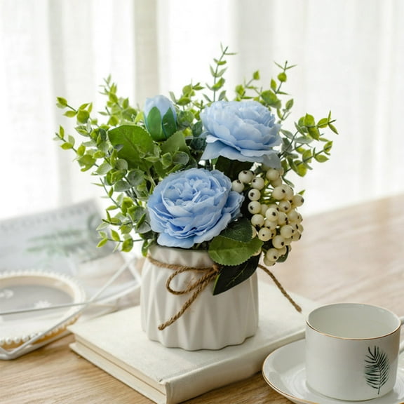 JingChun Artificial Rose Bouquet with Small Plastic Vase Fake Silk Variety Hydrangea Flowers Decoration for Table Home Party office Wedding