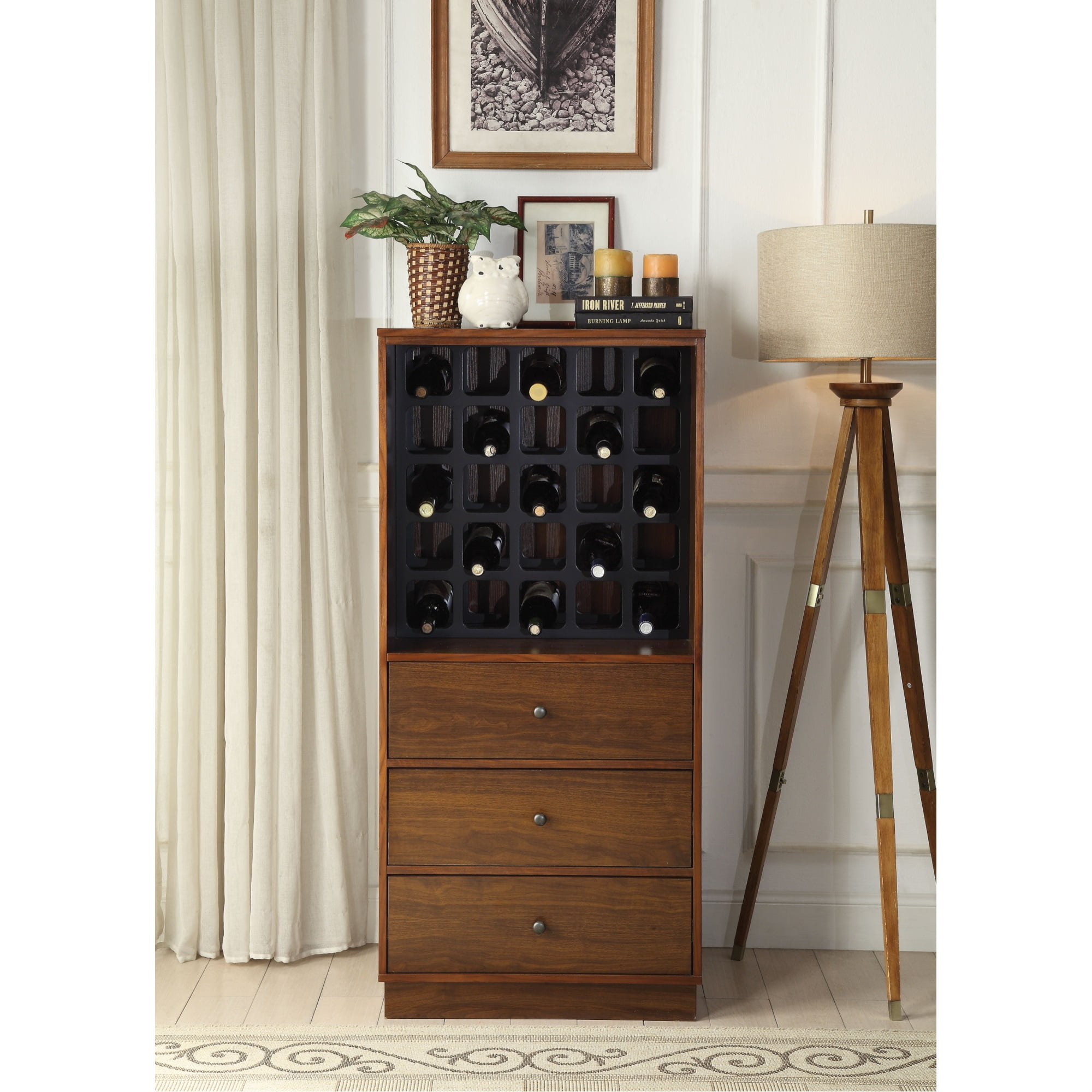 Wooden Wine with Wine Bottle Rack and Three Drawers, Brown and