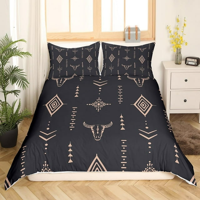 Funda nórdica Queen Boho Juego de cama étnico Cuernos Bohemio Funda nórdica Marrón