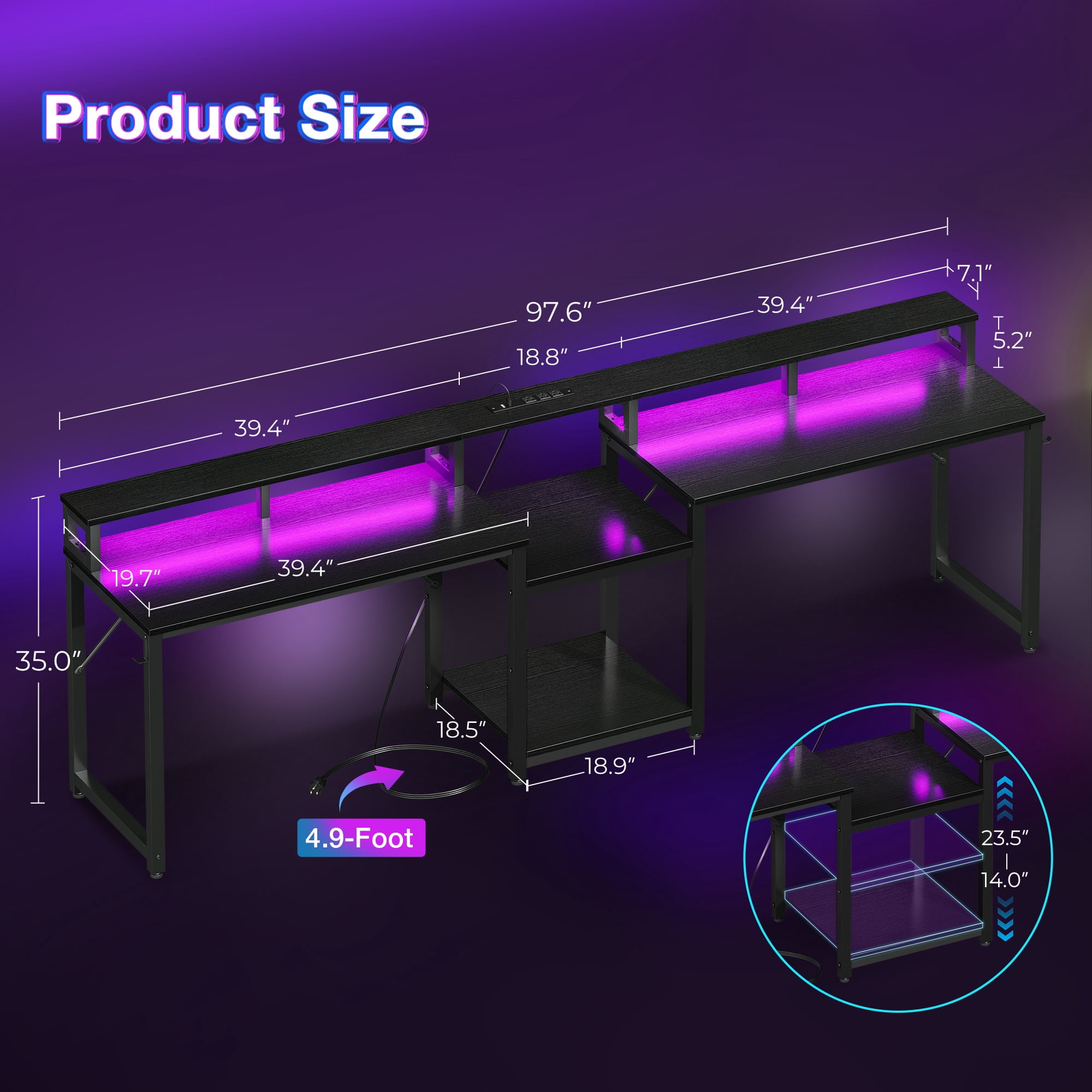 Casacomoda 98" Computer Desk with USB Ports & Power Outlets, Large Gaming Desk with Display Stand & LED Strip, Storage Shelves for Home Office, Suitable for 2 People Use, Black