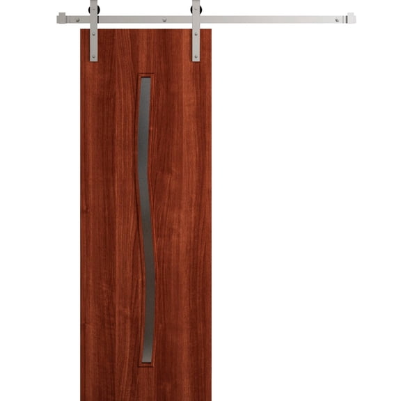Modern Barn Door 36 x 80 in - LUNO 2003 Walnut - 6.6FT Silver Rail Track Heavy Hardware Set - Solid Panel Interior Doors