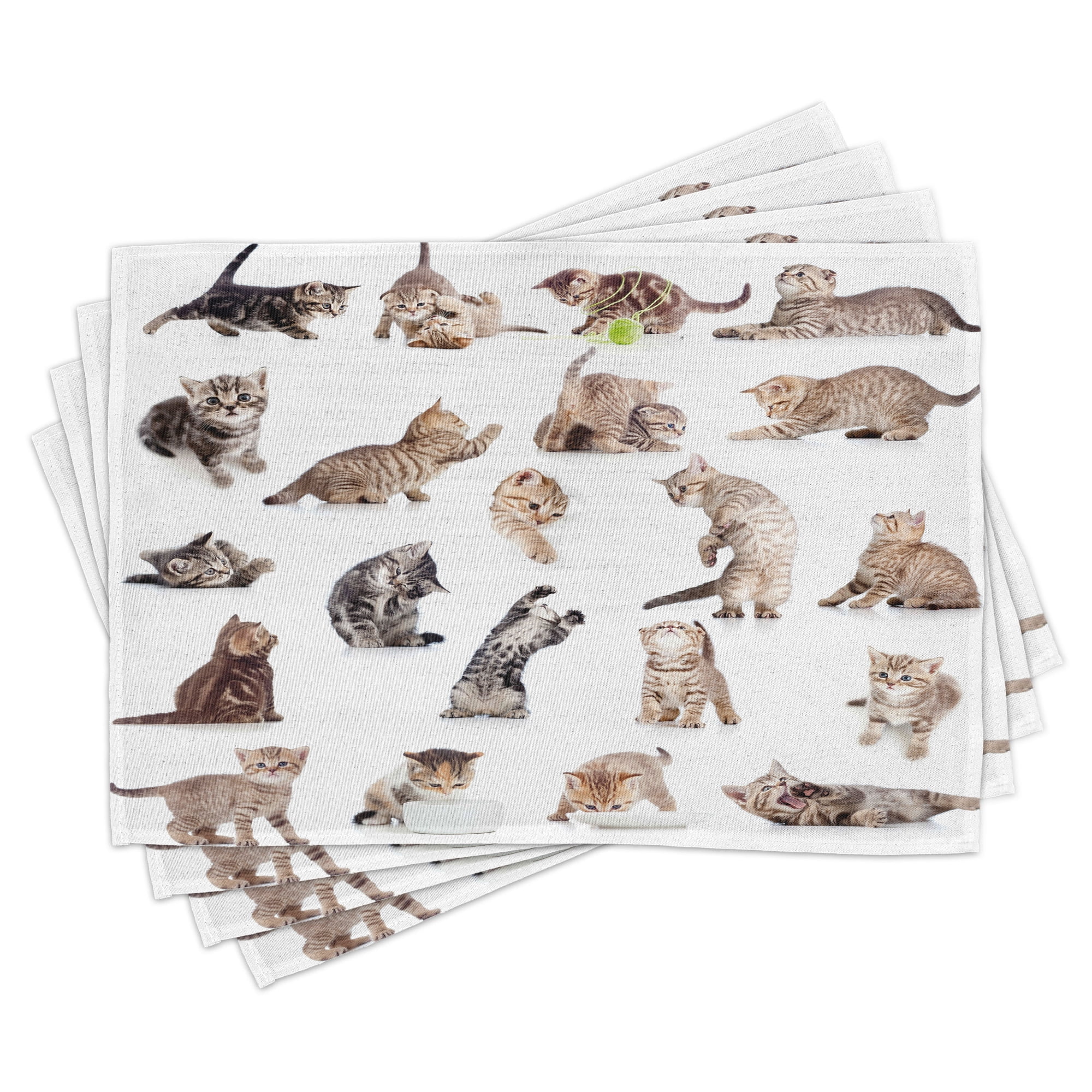 Cat Place Mats Set of 4, Illustration of Funny Playful Cats on Plain