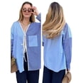 thumbnail image 3 of Blusa Informal de Larga con Cuello en V, A Rayas y Lazo Frontal para Mujer, con Patchwork y Bloques de Color Azul L, 3 of 9