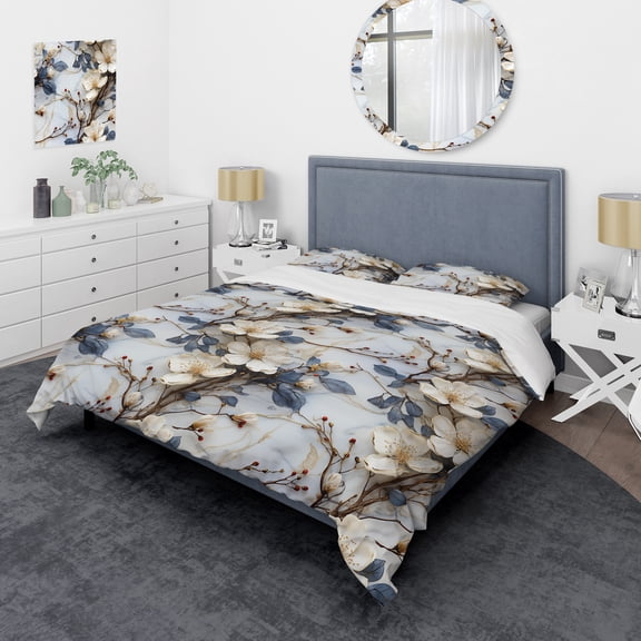 Designart "Marbled Pattern With Magnolias Vein In White And Blue Splendor" Marble Bedding Covert Set - Glam Bed Set With 2 Shams