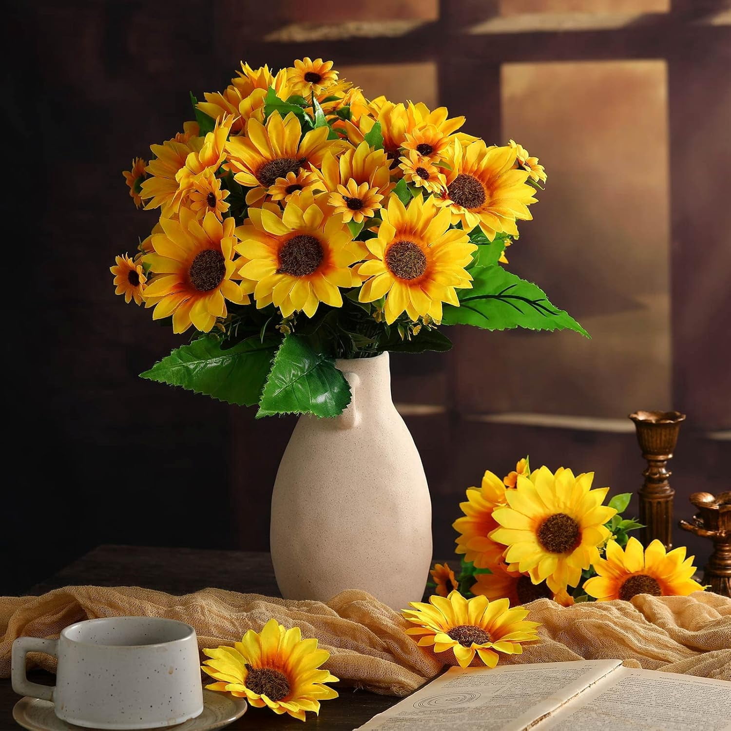 10 Bundles Sunflower Artificial Flower with Stems Bouquet Fake Plants Bulk UV Resistant Plastic Greenery Faux Outdoor Flower No Fade for Garden Porch Window Box Decorating