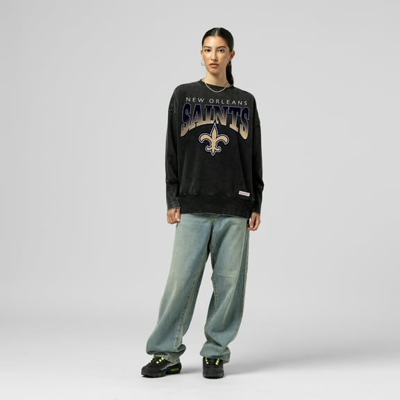 Women's Mitchell & Ness  Black New Orleans Saints Delineate Mineral Wash Crewneck Sweatshirt