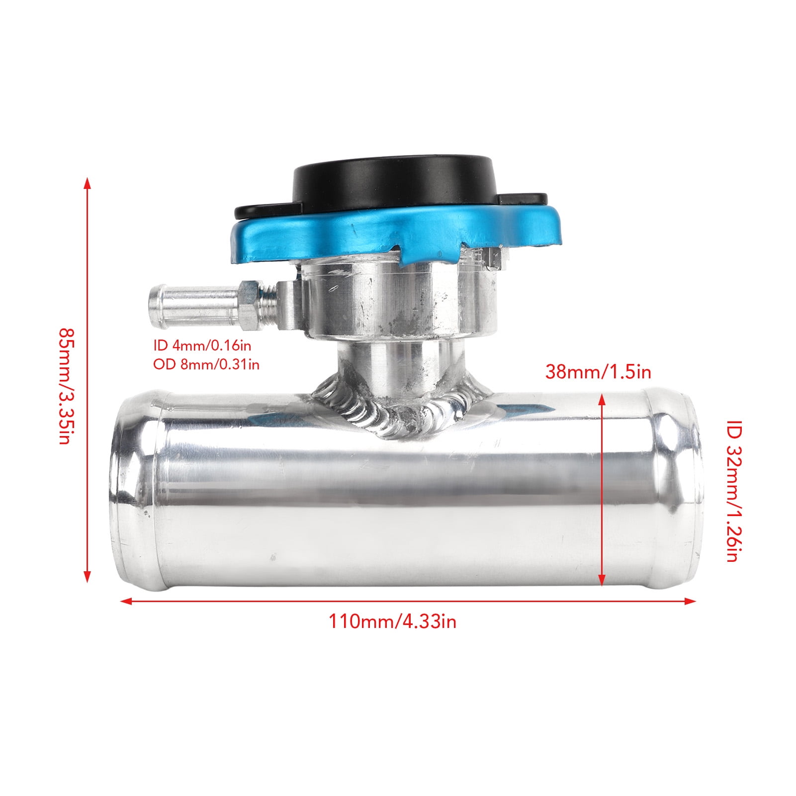 Cuello De Llenado En Línea Para Radiador, 38 Mm, 1‑1/2 Pulgadas De Diametro Exterior Con Tapa De Visualizacion De Temperatura Superficie Pulida De Aluminio T6061 Para Automoviles