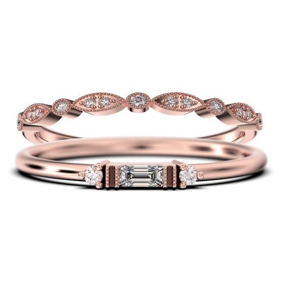 Dainty Minimalist 1.25 Carat Baguette Cut Diamond Moissanite Engagement Ring, Antique Wedding Ring in 925 Sterling Silver With 18k Rose Gold Plating, Bridal Set, Matching Band