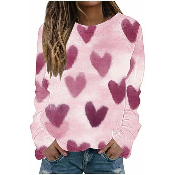 Women's Tops Heart Graphic T Shirt Valentine's Day Tee Shirt Casual Lover Gift Long Sleeve Tops Hugs and Kisses Rainbow Love Shirts(Multicolor,L)