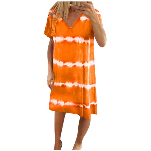 WTXUE Plus+robes, Robes Chemises Sans Manches Vestidos Casuales Para Mujer Col en V, Robe Décontractée Rayée Teinture sur Nœuds Ample T-Shirt Robe(P-3TG) Solide Mi-Longueur Femme Plus, Orange+L(US:8)