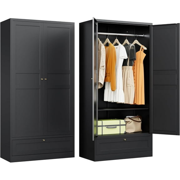 SISESOL Metal Wardrobe Cabinet with Drawer,Armoire Wardrobe Closet with Doors,Black Metal Clothing Storage Cabinet with Adjustable Shelves and Hanging Rod for Home,Bedroom Armoires