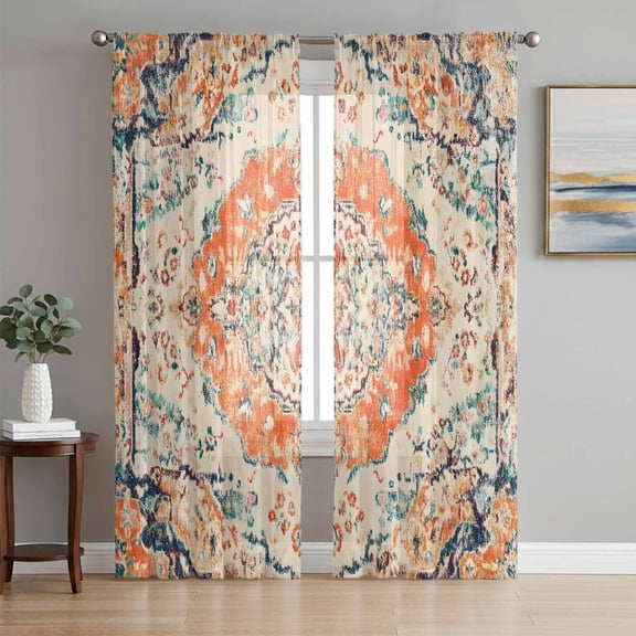 Orange Beige Boho Sheer Curtains 96 Inch Length 2 Panels Set, Vintage Ethnic Abstract Art Floral Voile Window Treatment Semi Sheer Long Curtains Drapes for Bedroom/Living Room/Kitchen 52"x96"x2