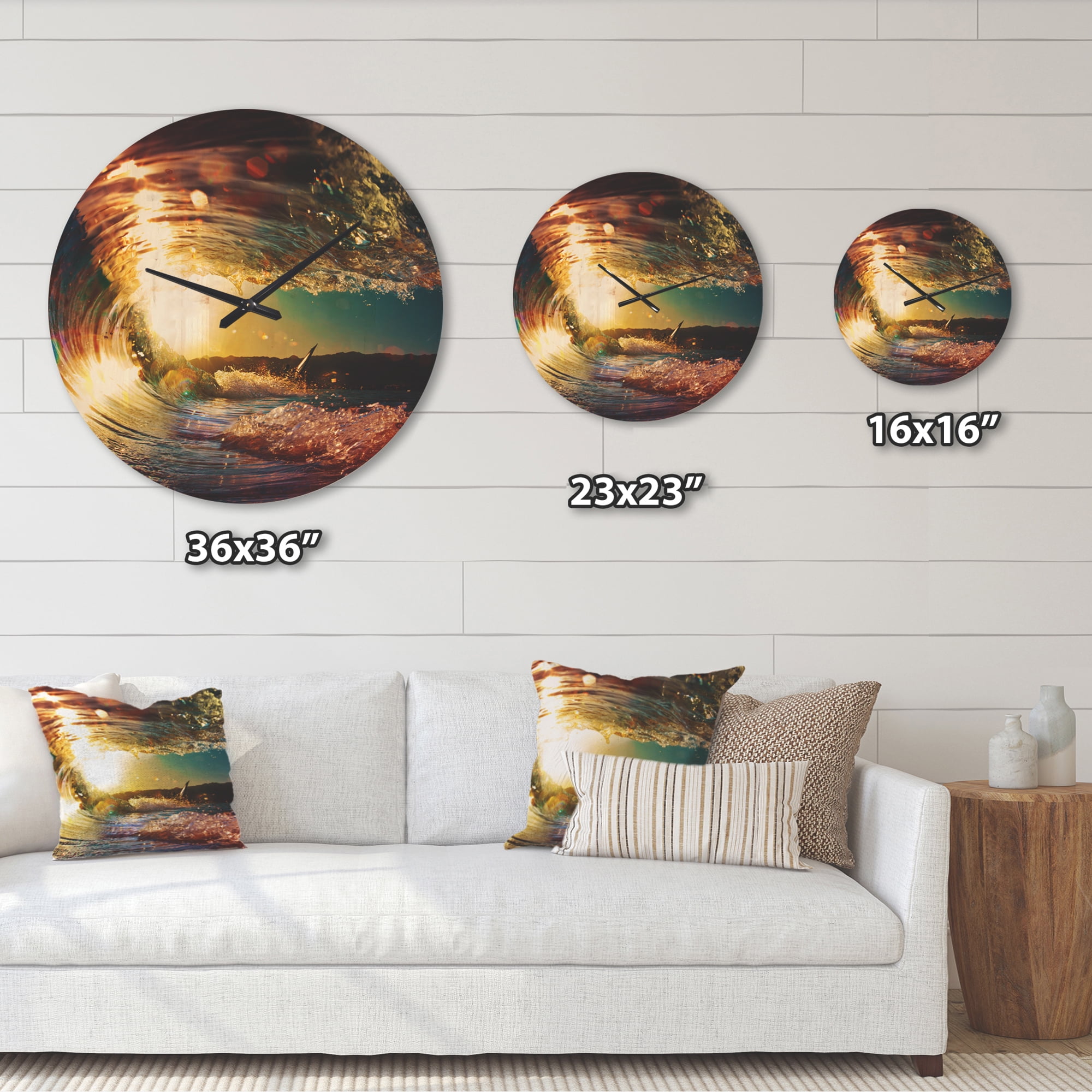 Designart 'Colored Ocean Waves Falling Down At Sunset III' Coastal Wood Wall Clock