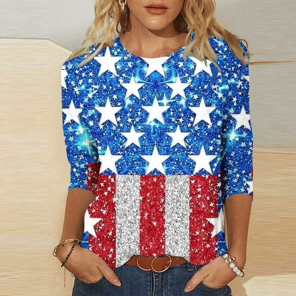 American Flag Women Shirt Women Red White and Blue Shirt 4th of July T Shirt Women 4th of July Women Tops Womens 4th of July Tees Casual Crewneck 3/4 Sleeve Loose T Shirt Ladies Blouses Shirts