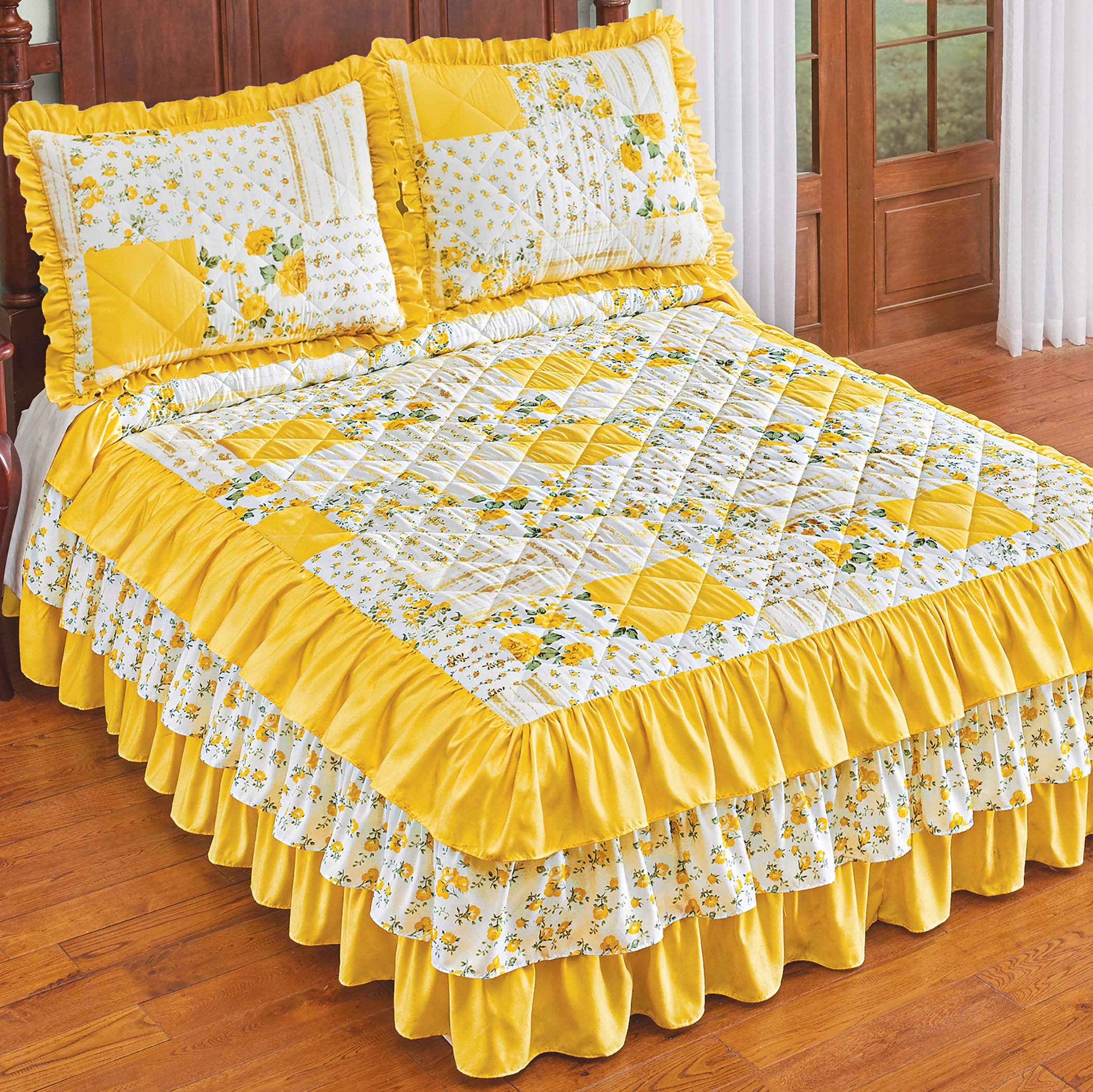 Collections Etc Beautiful Floral Patchwork Ruffled Quilt Top Bedspread | Florals, Solids, Stripes | Ruffle Edges | Pillow Shams Sold Separate | Machine Wash | Polyester