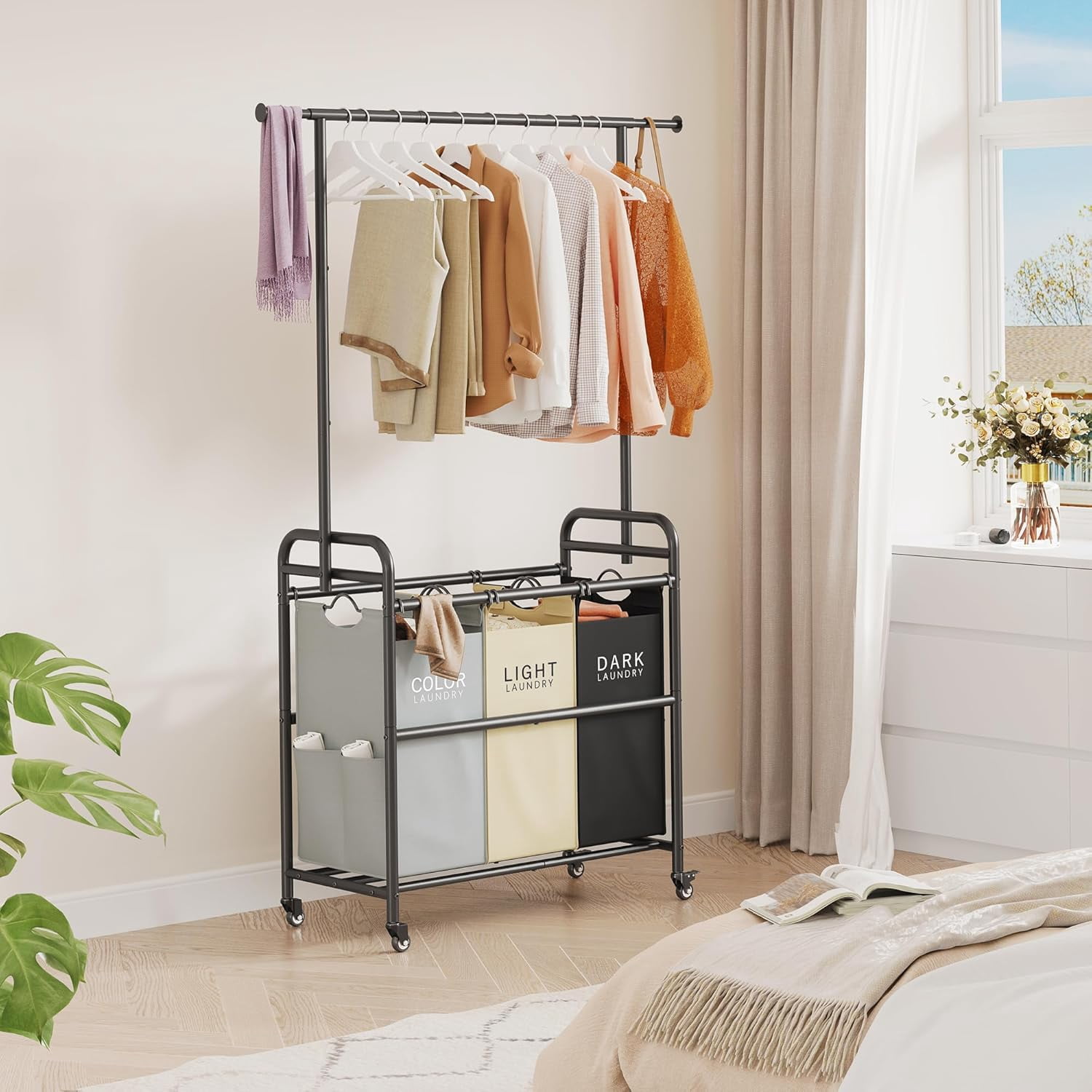 Laundry Sorter Cart with Hanging Clothes Rack, 3 Butler Sorter Basket Organizer, Laundry Hamper Cart with Heavy Duty Rolling Lockable Wheels, 3 Colors