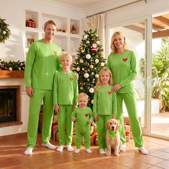 Christmas Family Pajamas Matching Set with Dog Green Long Sleeve Heart Embroidery Sleepwear