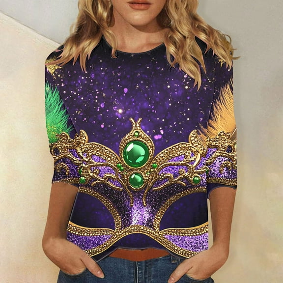 SOOMLON Mardi Gras Outfit for Women Carnival Outfits Tuesday Party 3/4 Sleeve Tshirts Fancy Mask Print Tops Trendy Scoop Neck Shirts New Orleans Holiday Blouses 2025 Purple XL