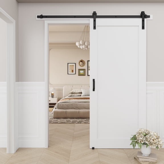32" x 84" Solid Manufactured Wood Panel White Primed Sliding Barn Door with Installation Hardware Kit (No Assembly Required)