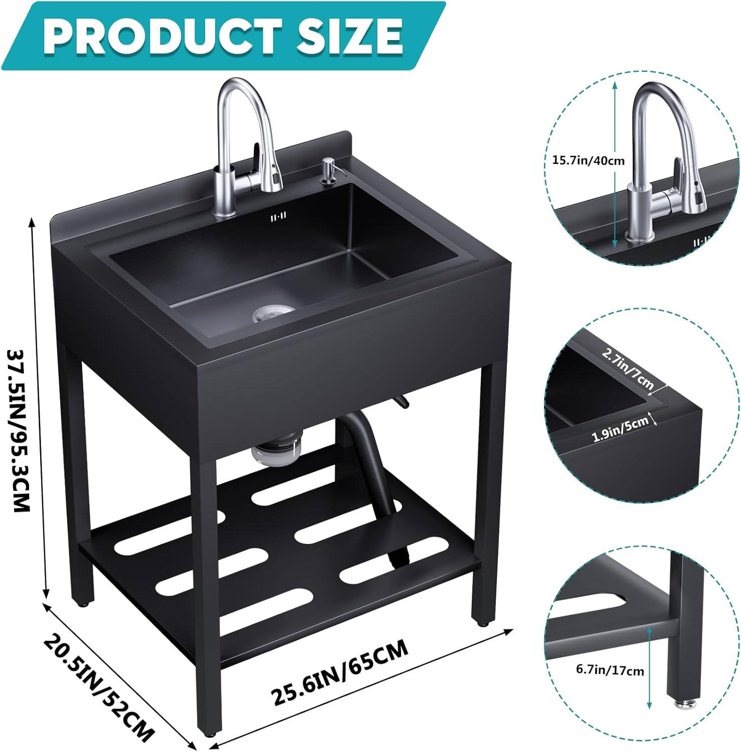 Gaonala 25.6in Stainless Steel Single Bowl Utility Sink Black Freestanding with Hoses Drain Kit for Bathroom Office