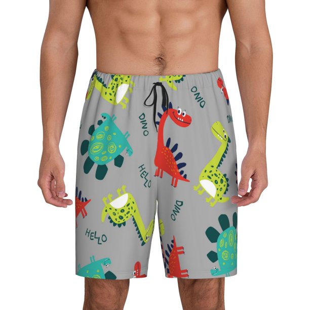 Balery Cute Dinosaur Pantalones cortos de pijama de punto de algodón para hombre con cinturilla y bolsillos-XX-Large