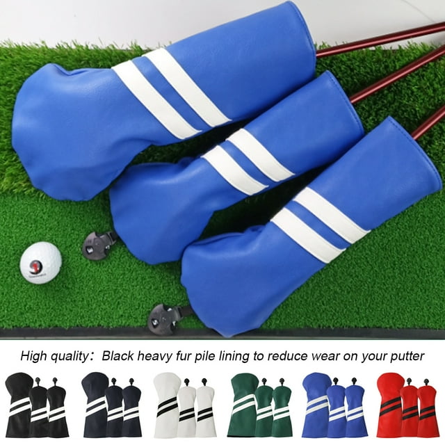 Becaristey 3Pcs/Set Wear-resistant Double Stripe Golf Club Head Cover Protective Sheath Thickened Plush Fine Stitching Wood Protector Dark Blue
