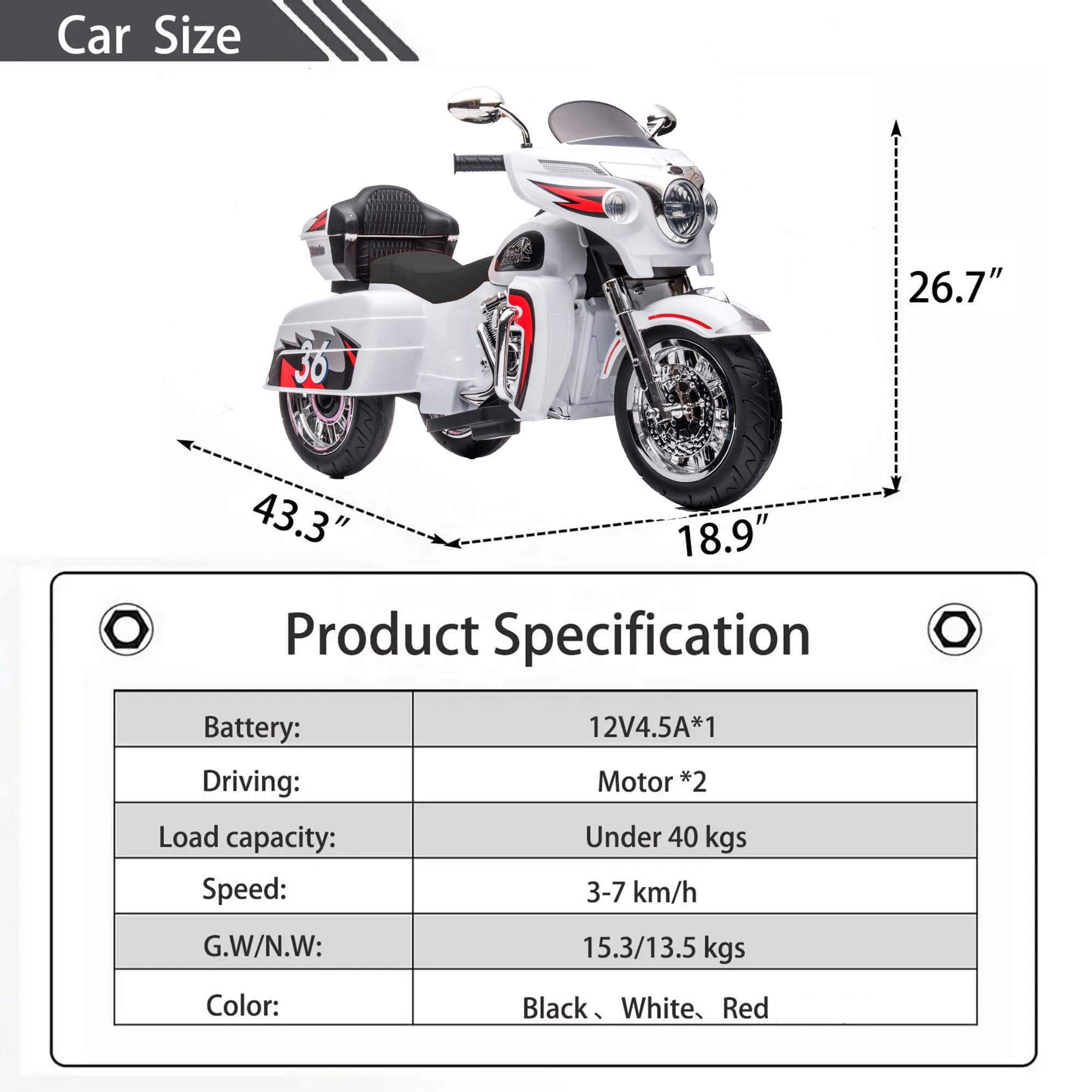 HTW12V Kids Electric Motorcycle w/LED Lights, Music, Storage Trunk & Soft PU Seat – Battery-Powered Ride-On Toy for Ages 3-6