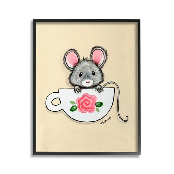 Stupell Industries Mouse in Teacup Animals & Insects Painting Black Framed Art Print Wall Art, 11 x 14