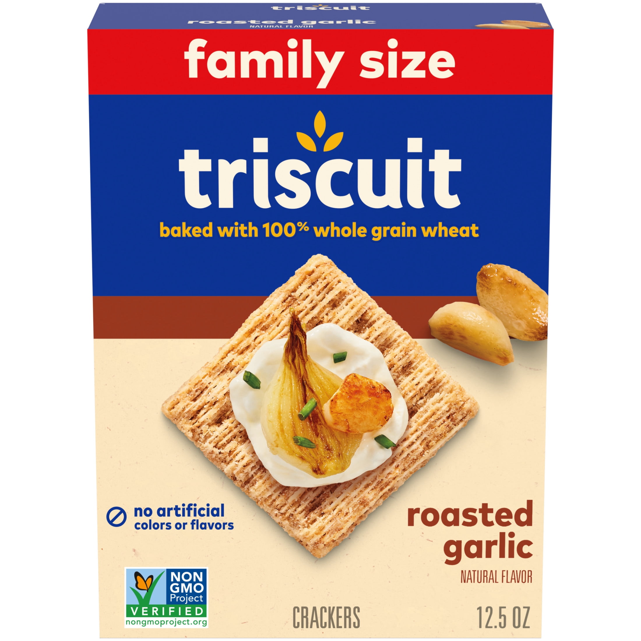 (3 pack) Triscuit Roasted Garlic Whole Grain Wheat Crackers, Snack Crackers, Family Size, 12.5 oz