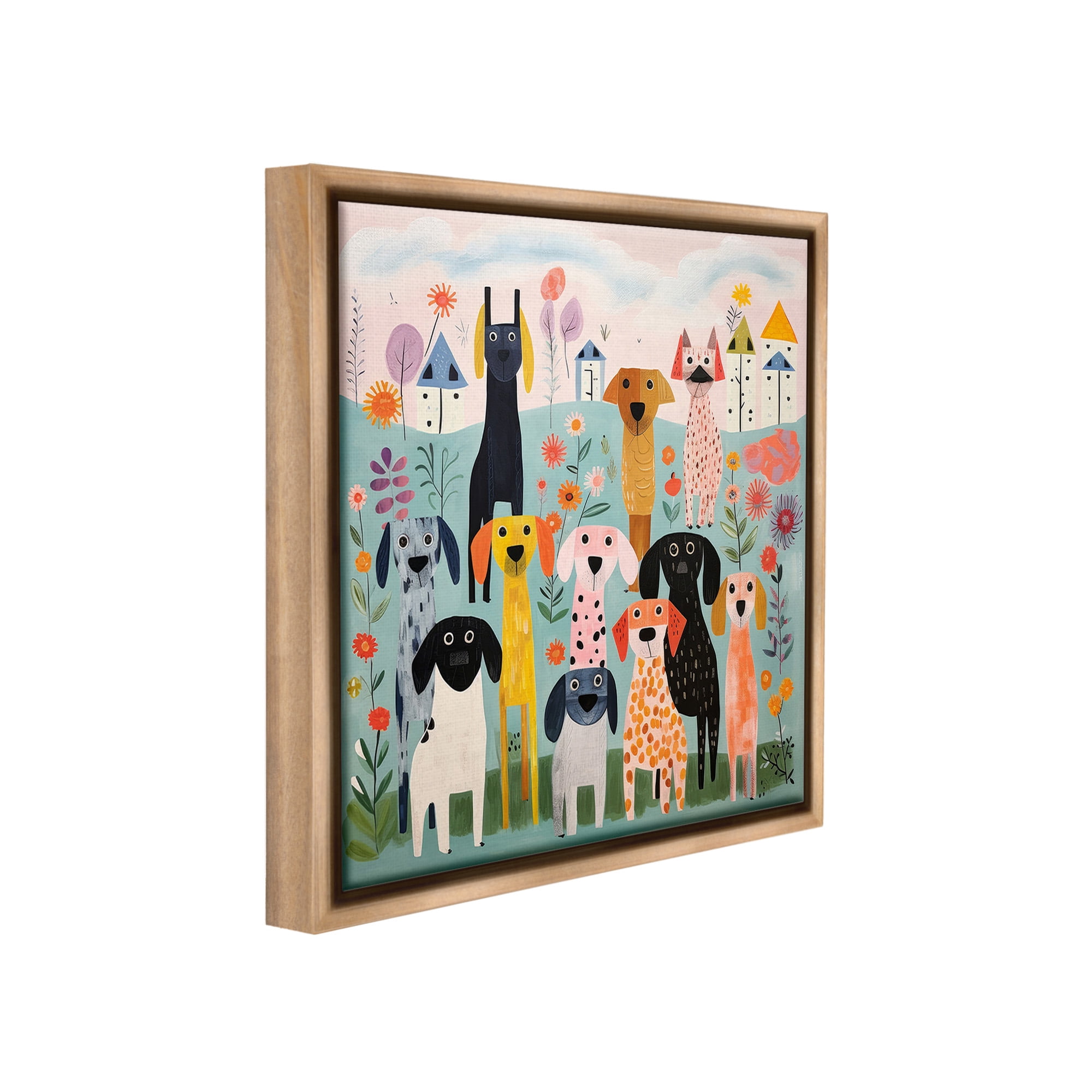 Stupell Industries Patterned Dogs in Yard Animals & Insects Painting Brown Floater Framed Canvas Art Print Wall Art, 18 x 18