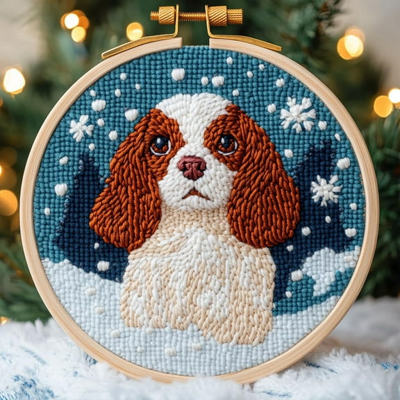 DIY Punch Needle Kits for Beginners Cavalier King Charles Dog with Hoop Embroidery Punch Needle Starter Craft Set Easy for Adults and Children Festival Gift and Decoration 20x20cm-2