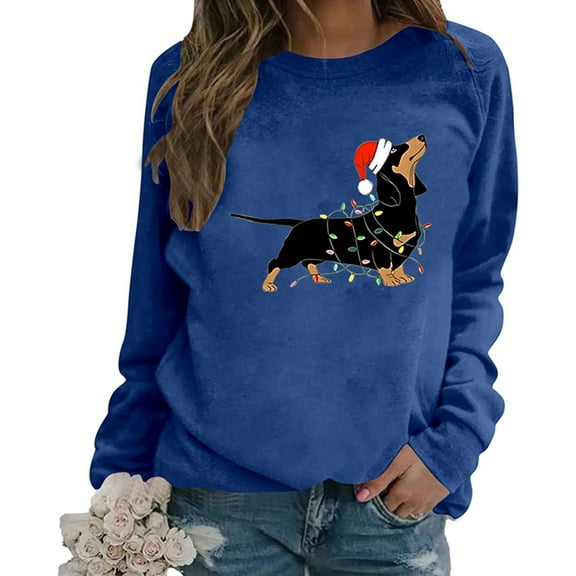 Womens Sweatshirt Winter Christmas Dog Printed Long Sleeve Crew Neck Pullover Tops Regular Casual Cozy Soft Loose Fall Women's Sweatshirts Blue M