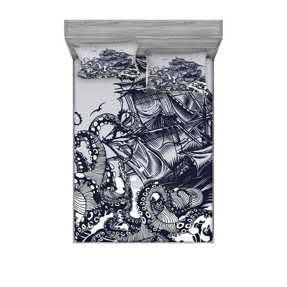 Ambesonne Nautical Fitted Sheet & Pillow Sham Set, Octopus and Ship in Storm, Full, Indigo Purpleblue
