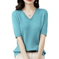 thumbnail image 2 of Pimfylm Short Sleeve Sweater for Women V Neck Lightweight Pullover Sweaters Loose Dressy Fashion Spring Sweaters Blue, XXL, 2 of 8