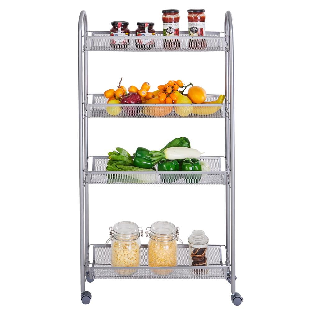 Rolling Metal Trolley Cart Mobile Utility Carts with 4 Steel Wire Shelves and Easy Glide Caster Wheels Slide Out Mesh Storage Cart Storage Tower Rack Storage Shelves for Home Kitchen Bathroom Storage