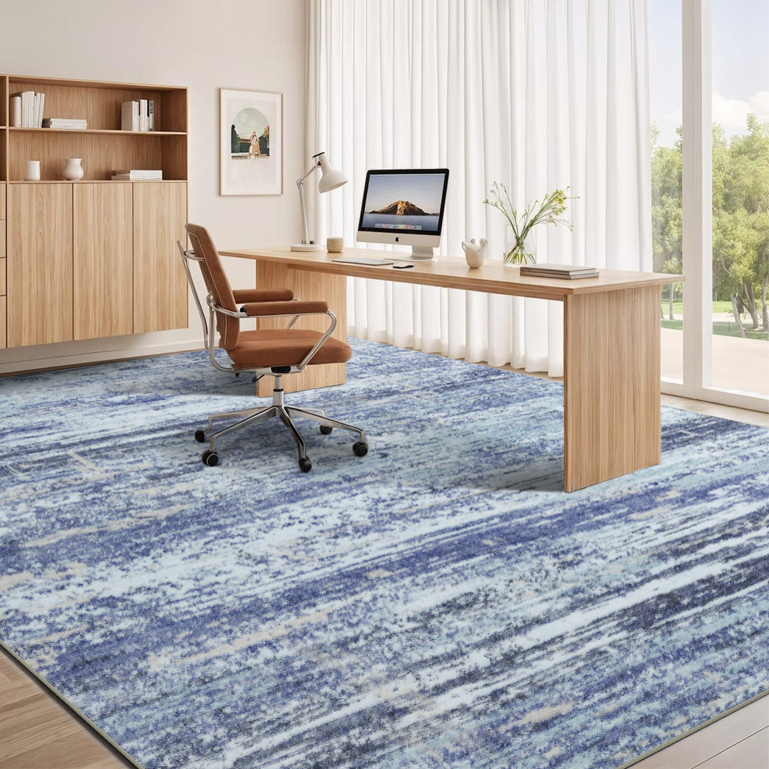 Area Rug 8’ x 10’, Modern Blue Toneed Washable Rug Soft Non Slip Rug Low Pile for Bedroom, Living Room, Dining Room, Office