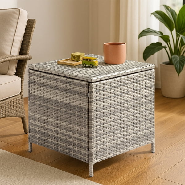Outdoor PE Wicker Side Table with Storage, Patio Rattan End Table Square Container for Furniture Covers, Toys and Gardening Tools