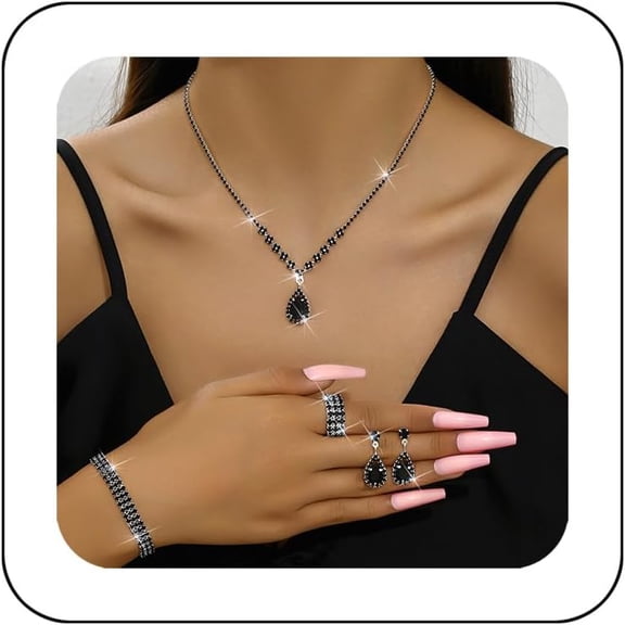 Bridal Wedding Jewelry Set Silver Rhinestone Necklace Earrings Bracelet Ring Sets Formal Costume Jewelry for Women and Brides