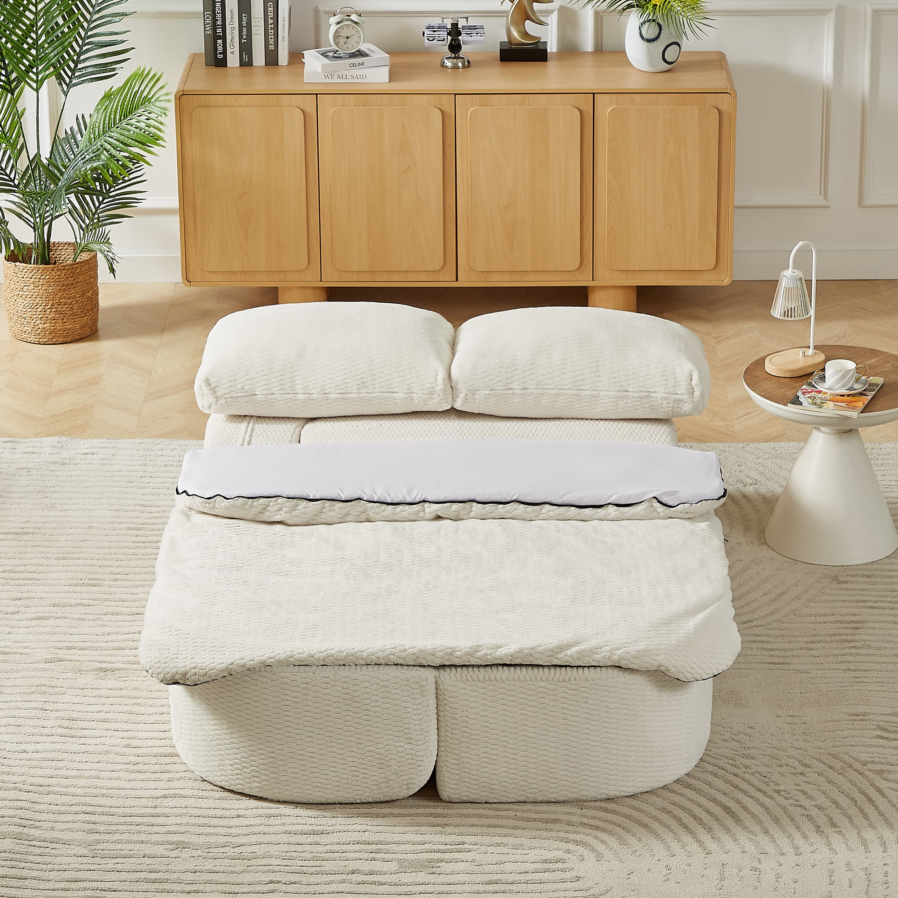 MAYEERTY Convertible Plush Sofa Bed, Modern Folding Compression Sleeper Couch for Living Room, 75*41*26"Cream