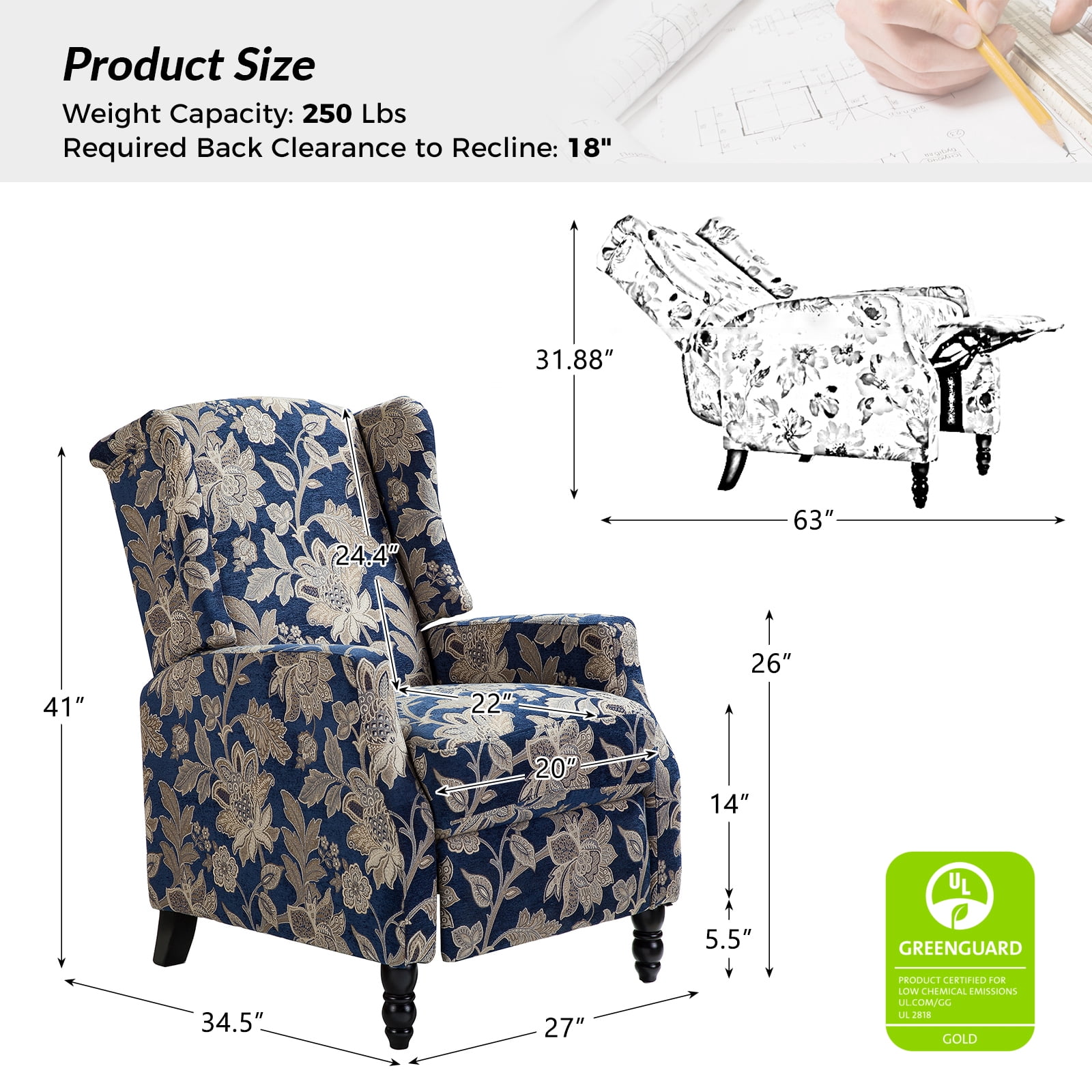 Push Back Recliner Chair Set of 2 Wingback Manual Fabric Upholstered Home Theater Couches Garden