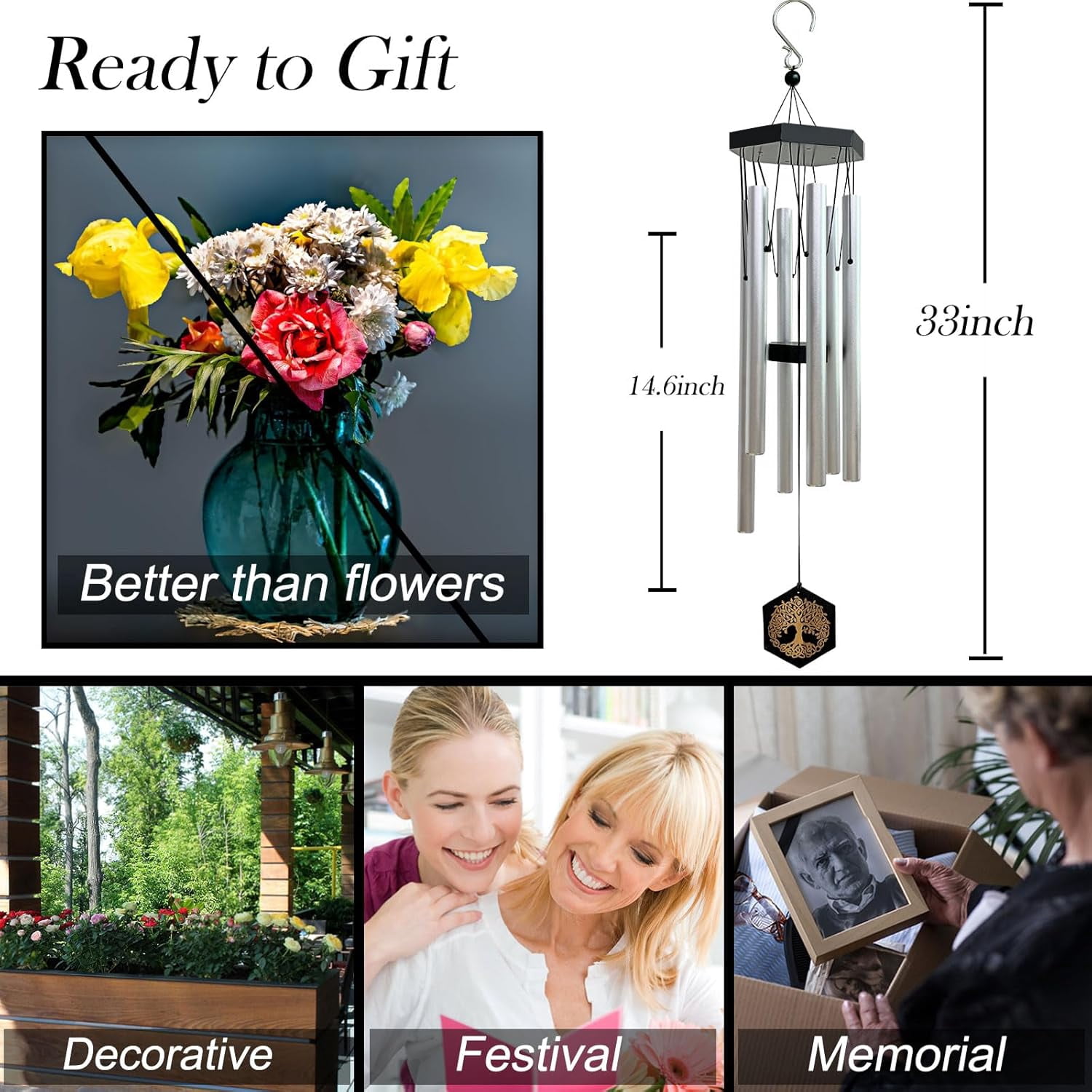 Wind Chimes for Outside, 33 inch Memorial Wind Chime in Memory of Loved Mon Dad, Sympathy Gifts, Tree of Life Windchime Deep Tone Create a Zen Atmosphere for Garden Home (Silver)