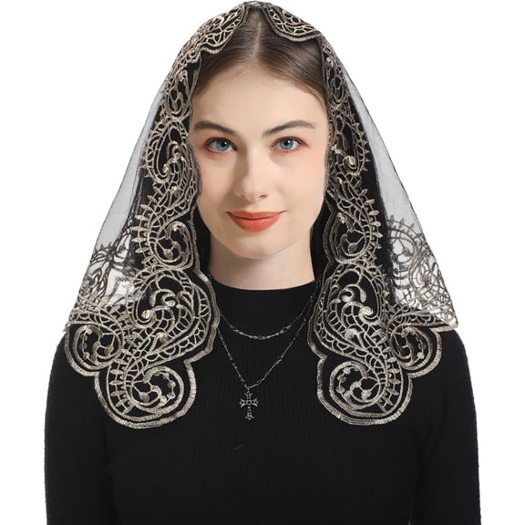 Cross Religious Lace Veil- Catholic Embroidered Cross and Shell Creative Design Religious Ladies Prayer Lace Veil